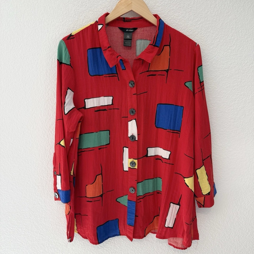 Ali Miles Geometric Wire Collar Artsy Tunic Top Large Colorful Button Abstract